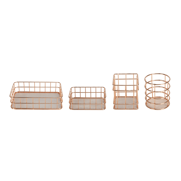 Four rose gold wire organisers: two rectangular baskets, a square basket and a round pot