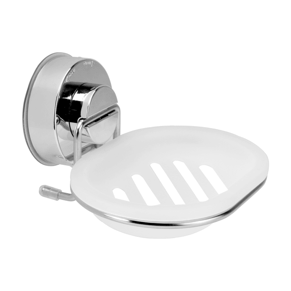 Suction cup soap dish with a white slotted tray and silver-coloured wall fitting