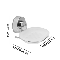 Suction cup soap dish with height, width and depth measurement arrows