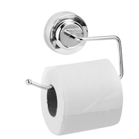 Suction cup toilet roll holder with a silver-coloured open-ended bar holding one roll