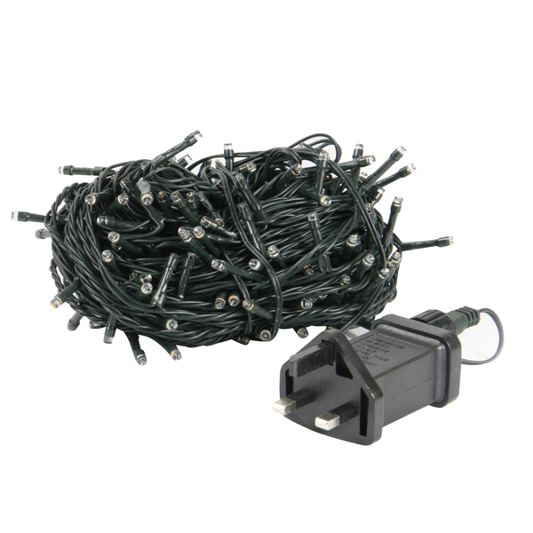 Coiled LED light string with its mains adapter