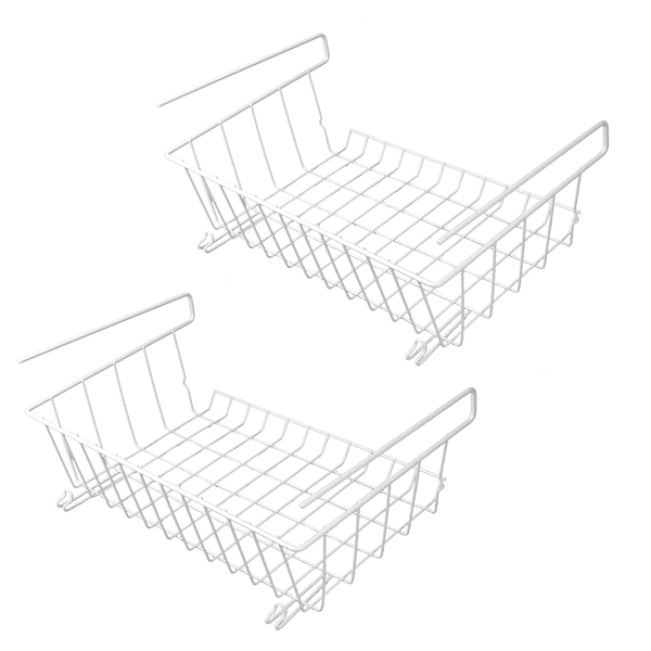 Pair of white wire under-shelf storage baskets on a white background