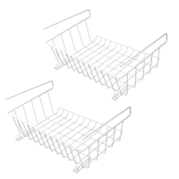 Pair of white wire under-shelf storage baskets on a white background