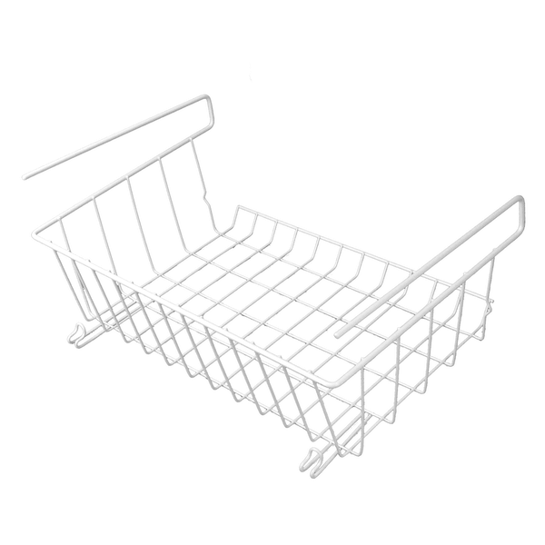 Single white wire storage basket with slide-on shelf arms