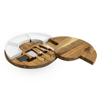Acacia cheese board opened to show its fitted utensil drawer