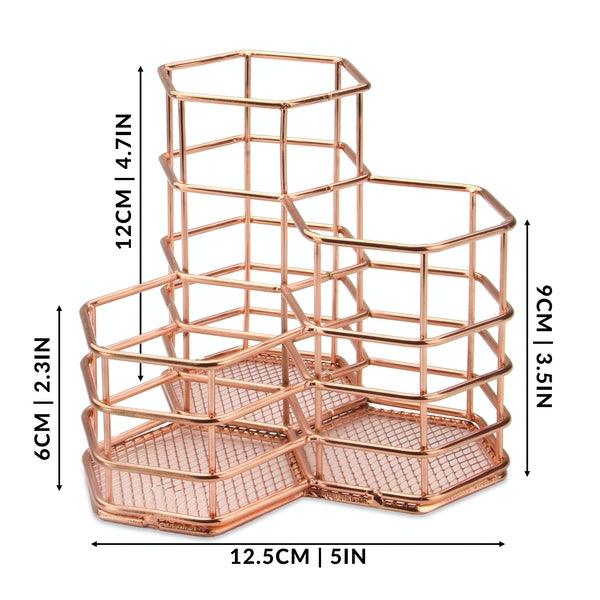 Rose gold hexagonal desk tidy with measurement arrows