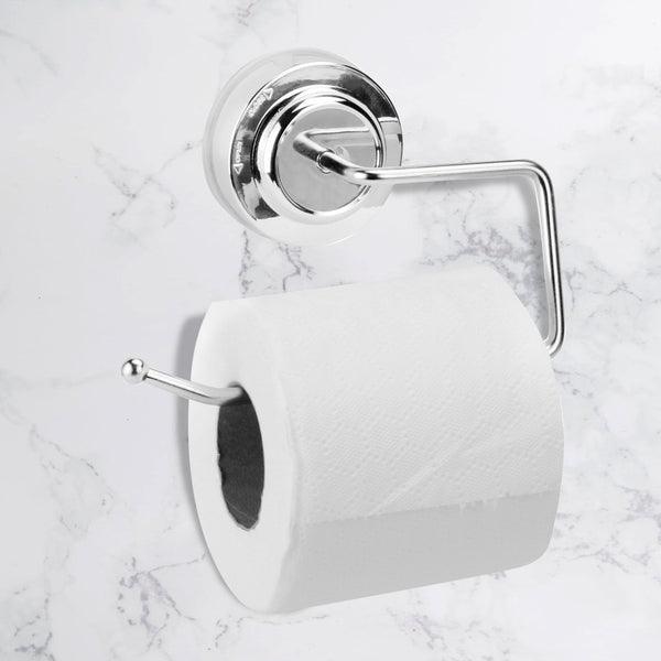 Stainless steel toilet roll holder mounted on a tiled bathroom wall
