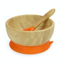 Bamboo baby bowl with orange silicone suction base and matching spoon