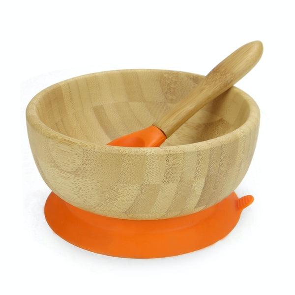 Bamboo baby bowl with orange silicone suction base and matching spoon