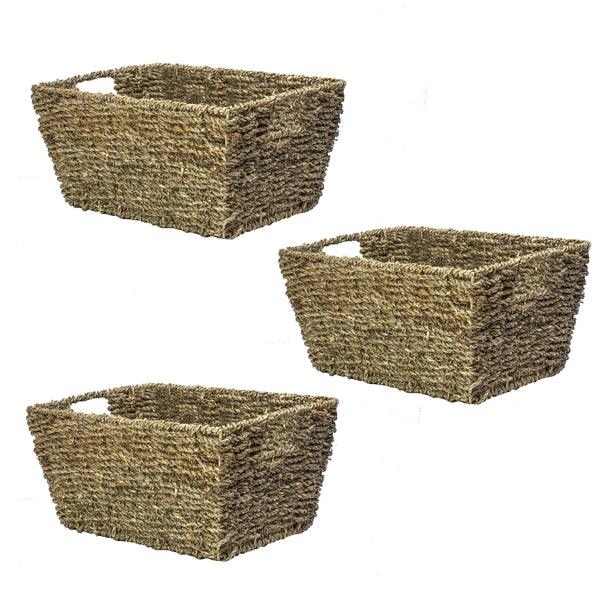 Three matching rectangular seagrass baskets displayed separately