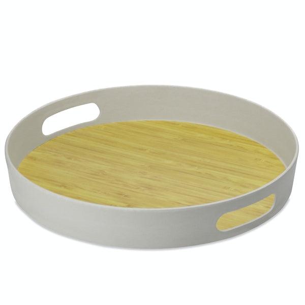 Round bamboo fibre serving tray with pale sides and cut-out handles