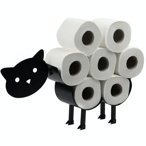 Black cat-shaped toilet roll holder filled with seven white rolls