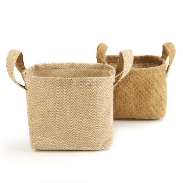 Two small cotton and jute storage baskets with side handles