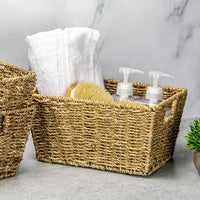 Close-up of a woven basket with bathroom accessories