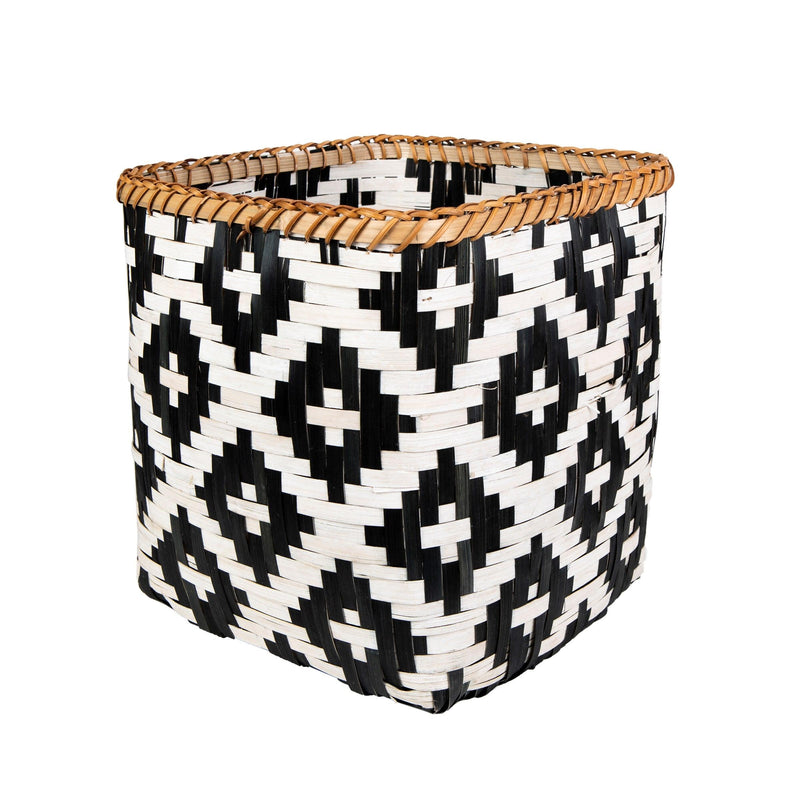 Black-and-white geometric bamboo basket with natural woven rim