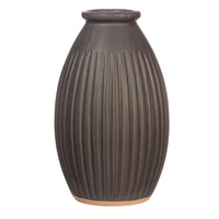 Empty black grooved vase showing rounded body and narrow neck