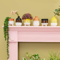Assorted glazed vases and planters displayed on a pink mantelpiece