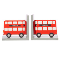 Front view of the red double-decker bus bookend pair