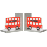 Pair of red London double-decker bus bookends on grey bases
