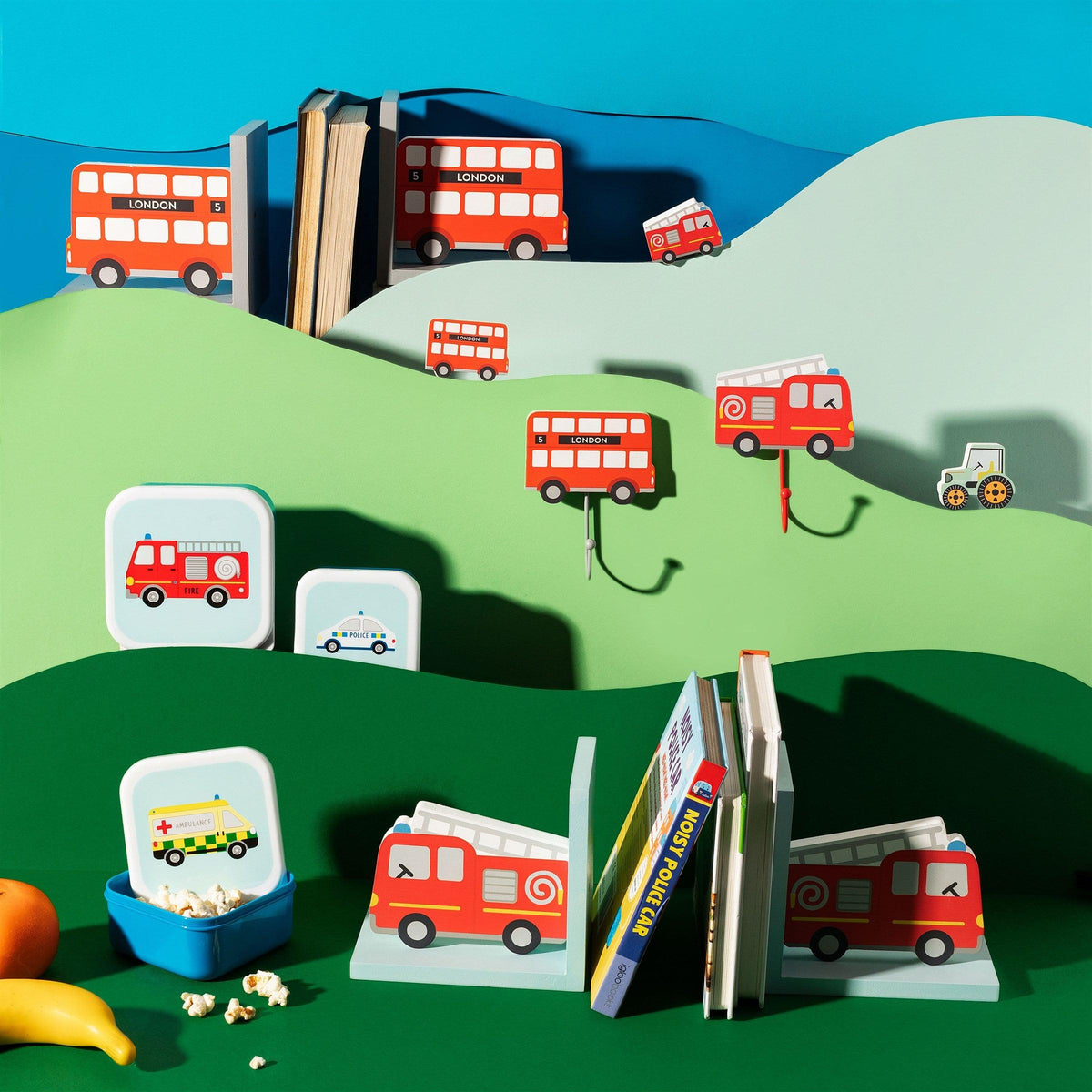 London bus bookends displayed with coordinating transport-themed accessories