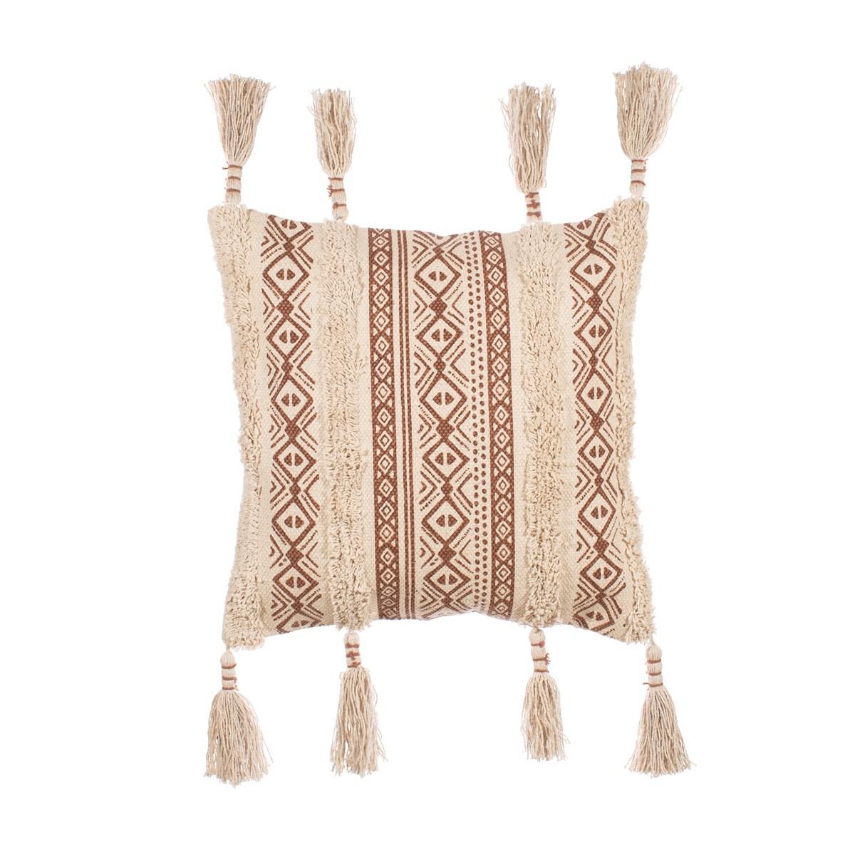 Cream and brown Nomad cushion with geometric stripes and long decorative tassels