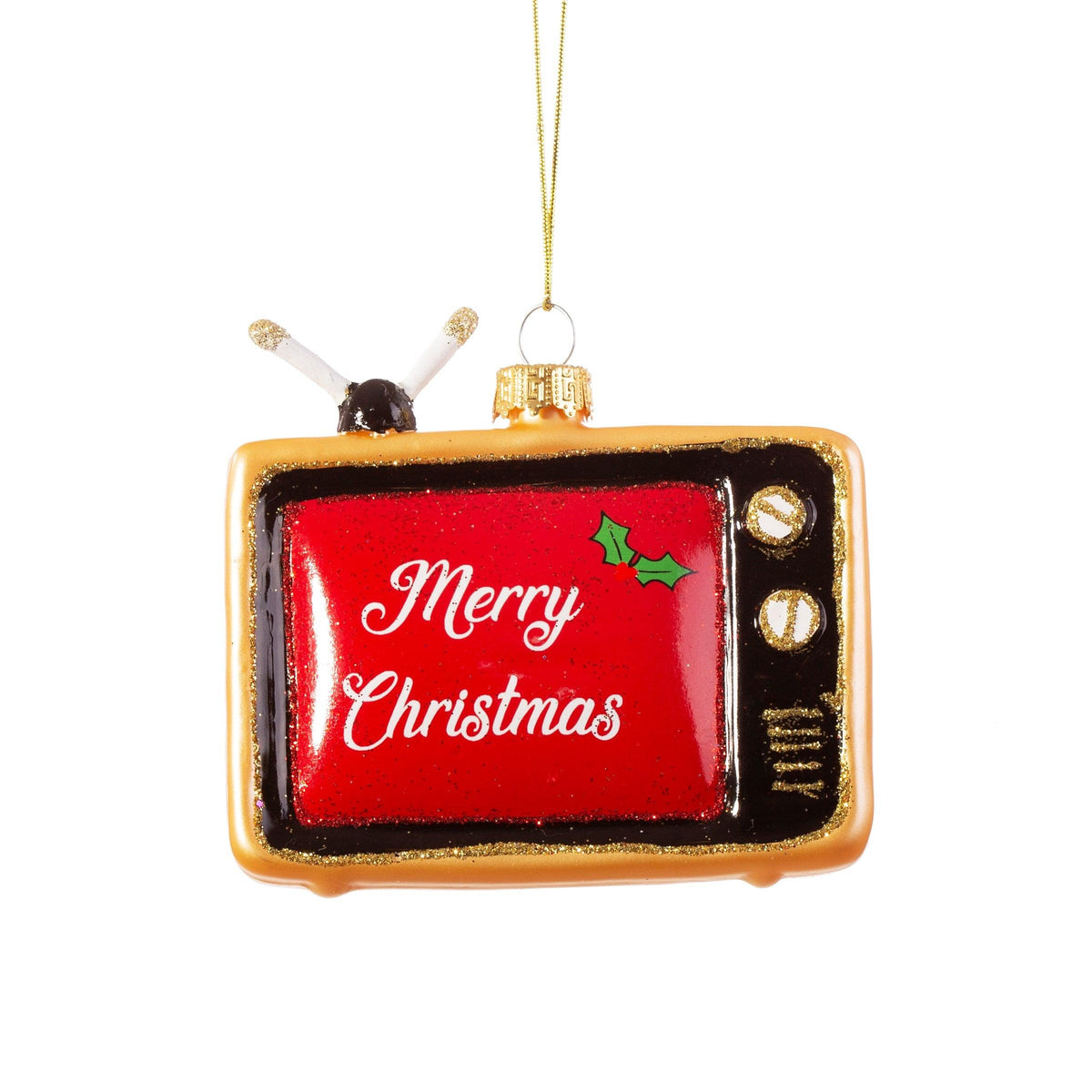 Retro television glass Christmas bauble with red Merry Christmas screen, gold trim and aerial