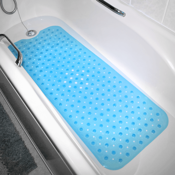 Blue bath and shower mat laid inside a white bathtub