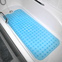 Blue bath and shower mat laid inside a white bathtub
