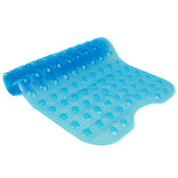 Extra-long blue bath mat shown partly rolled to reveal its flexible shape