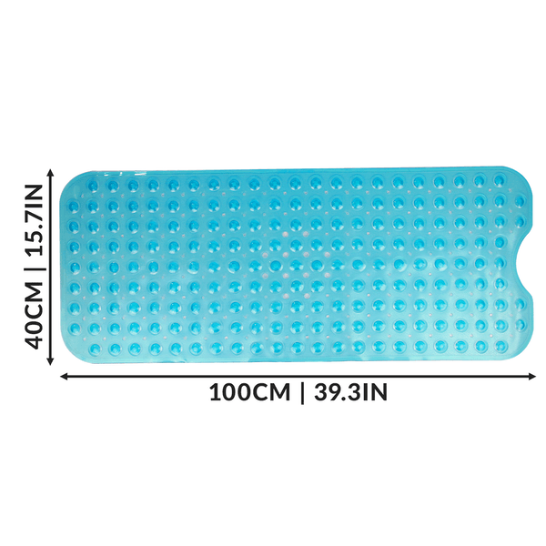 Blue bath mat with arrows showing its 100cm length and 40cm width