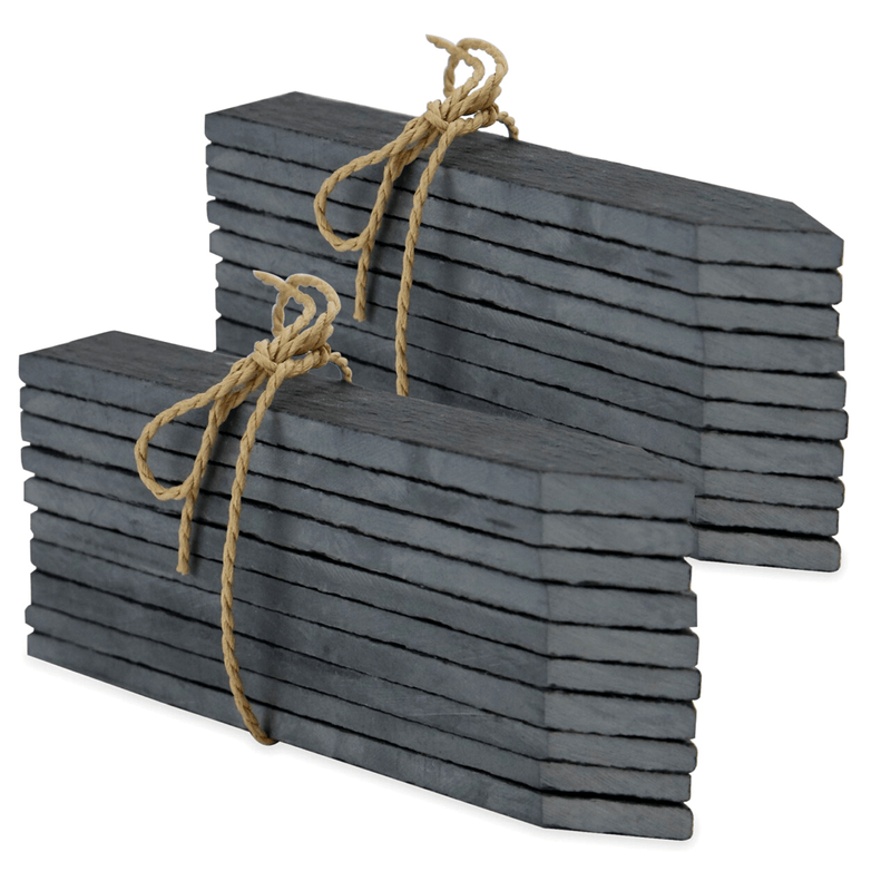Twenty dark slate plant markers arranged in two tied bundles