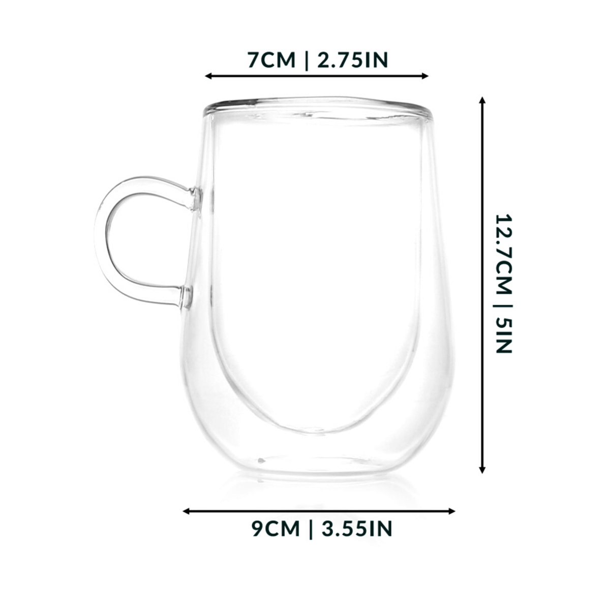 Dimension diagram of a handled double-walled coffee glass