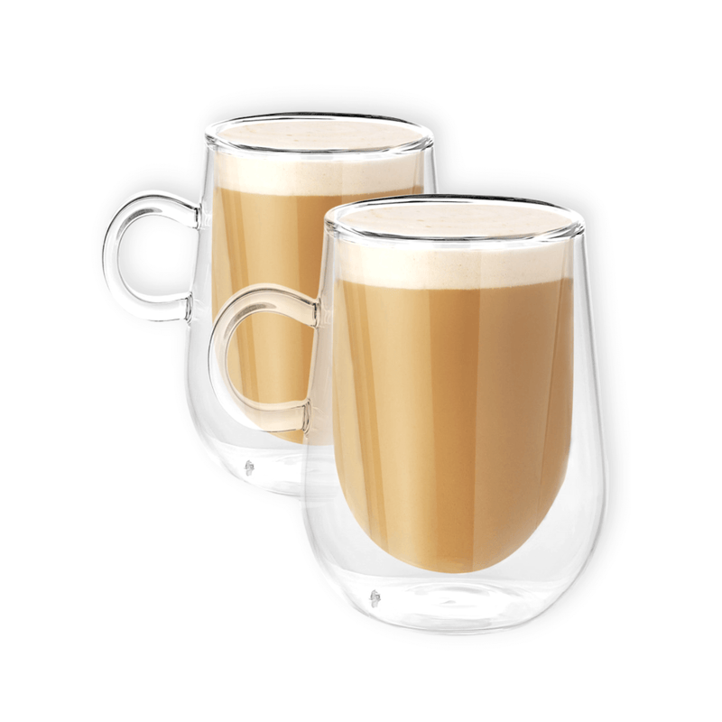 Two double-walled glass coffee mugs filled with milky coffee