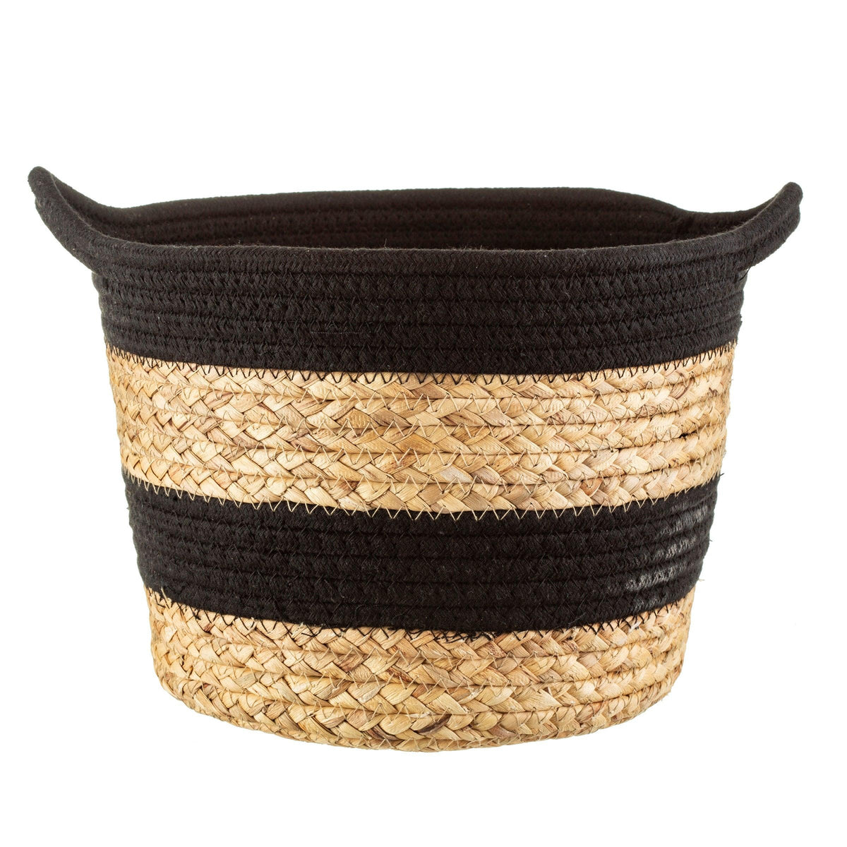 Side view of black and natural seagrass striped storage basket