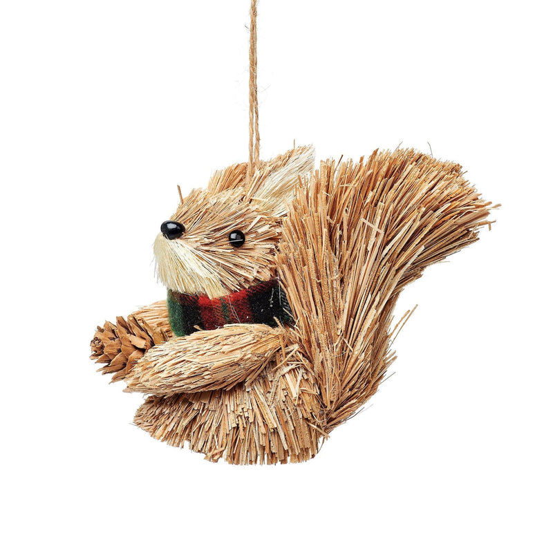 Brown brush-effect squirrel Christmas decoration with bushy tail, checked scarf and hanging loop