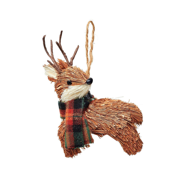 Brown woodland deer hanging decoration with antlers and a red-and-green checked scarf
