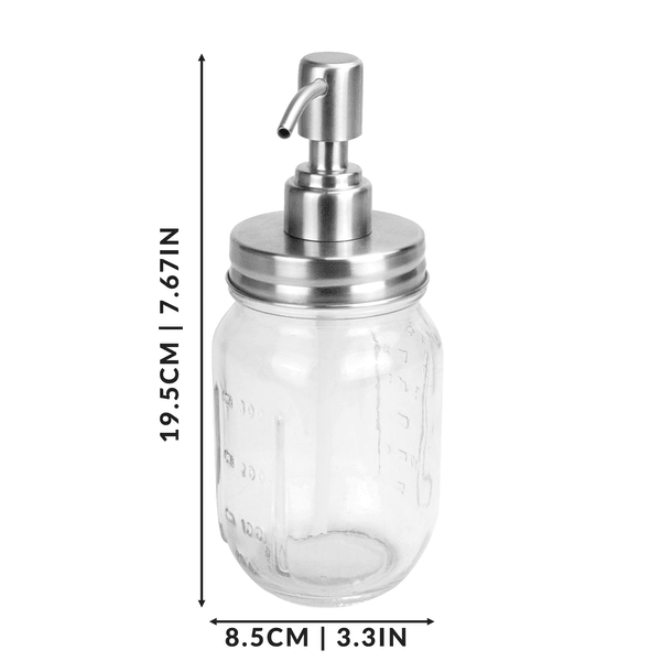 Mason jar soap dispenser with height and width measurement arrows