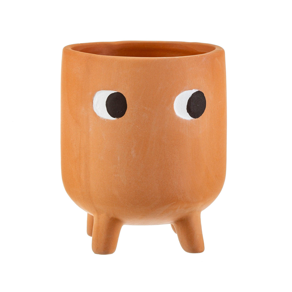 Empty Little Leggy terracotta plant pot showing its face and feet