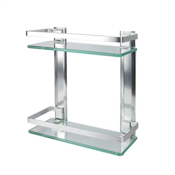Two-tier tempered glass bathroom shelf with aluminium rails on a white background