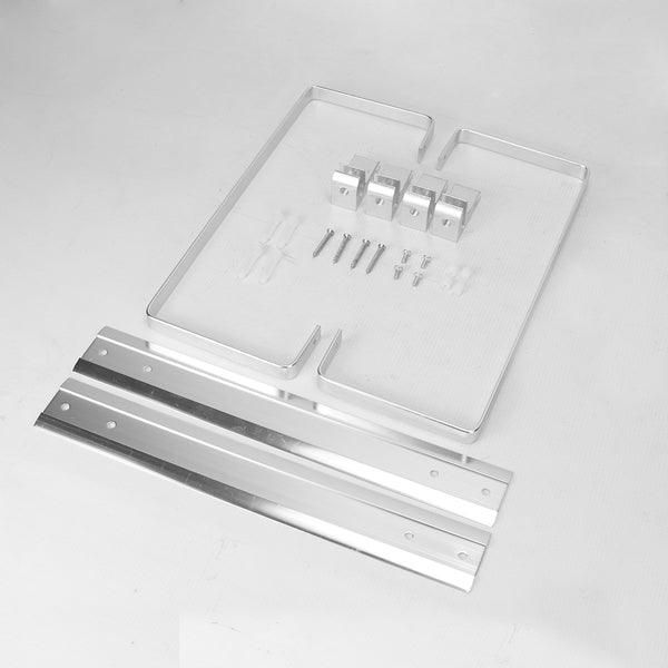 Glass shelf panels, aluminium frame pieces and fixing components before assembly