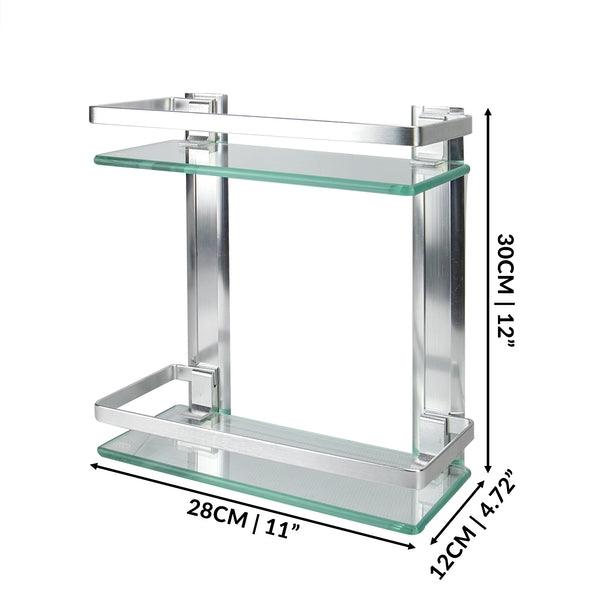 Two-tier bathroom shelf with dimension arrows for height, width and depth