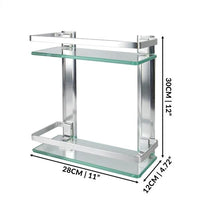 Two-tier bathroom shelf with dimension arrows for height, width and depth