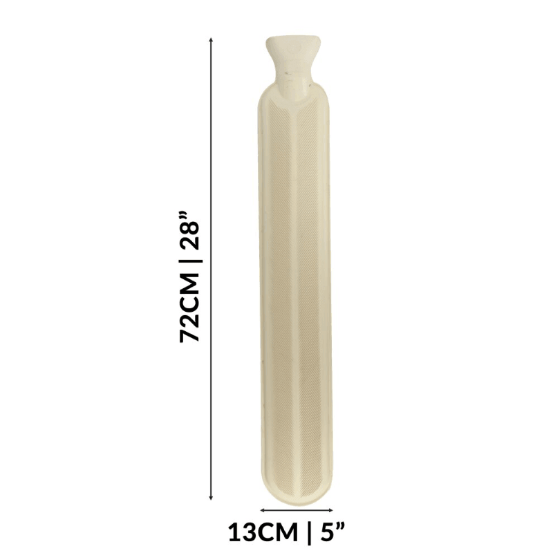 Dimension diagram of long rubber hot water bottle showing 72cm length and 13cm width