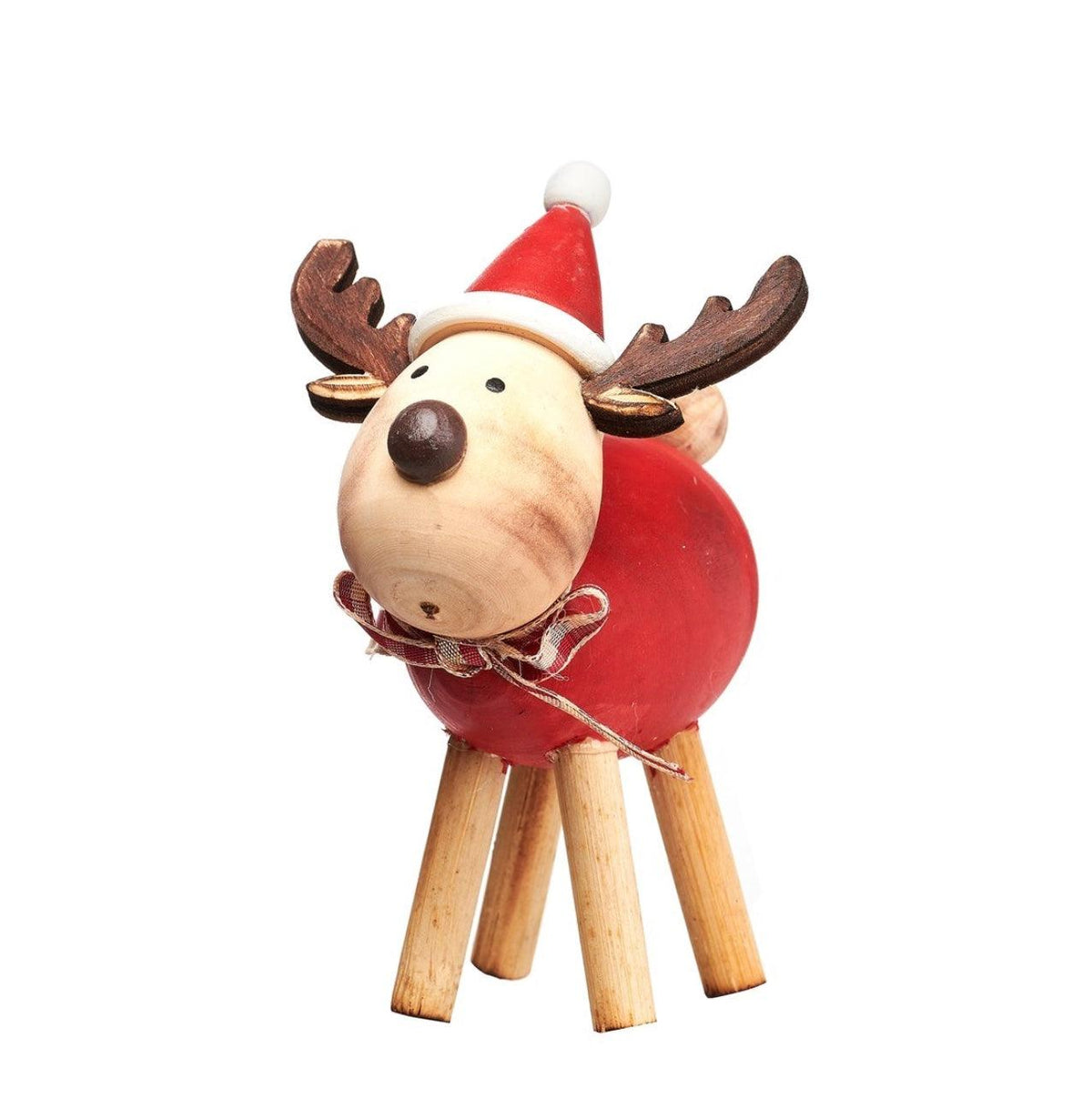 Rudi standing wooden reindeer with red body, Santa hat, brown antlers and checked bow