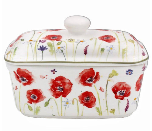 Fine China Poppy Field Butter Dish with Elegant and Beautiful Poppy Design - Perfect for Holding Butter or Margarine