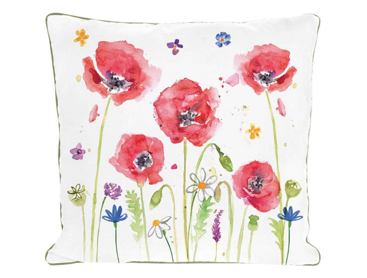 Square Poppy Field cushion with red poppies, colourful small flowers and green edging