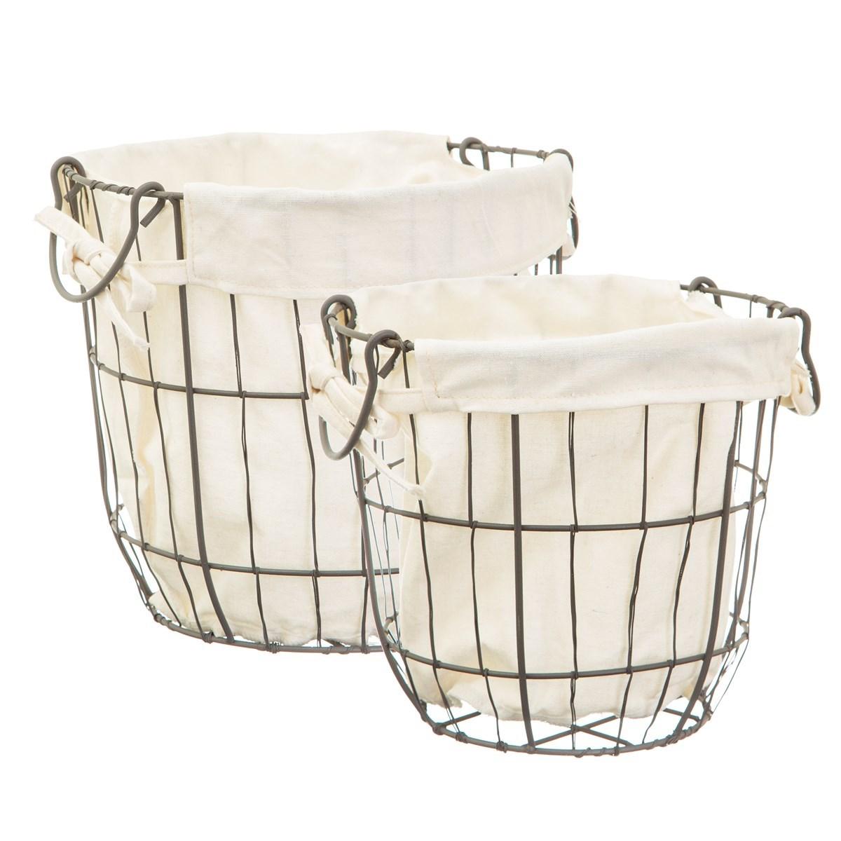Set of two grey wire baskets with off-white liners and side handles