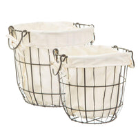 Set of two grey wire baskets with off-white liners and side handles