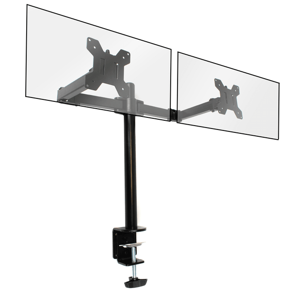 Dual monitor arm with desk clamp, shown with transparent screen outlines