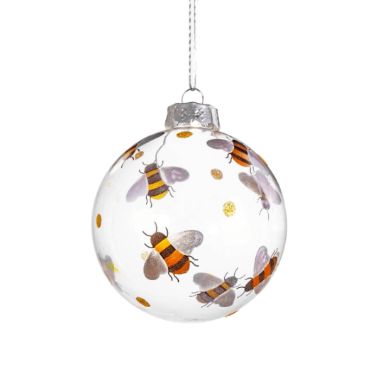 Clear glass Christmas bauble decorated with golden bees and scattered gold dots